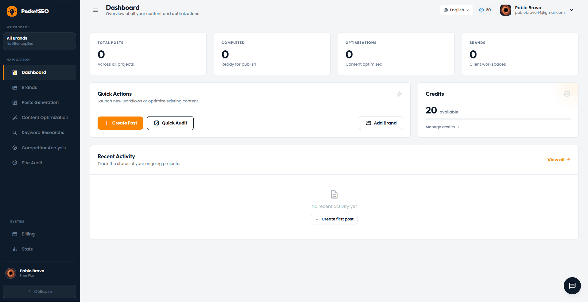 PocketSEO AI content engine dashboard showing SEO article generation with real-time scoring